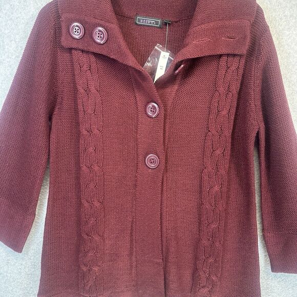 Effeci Womens Sweater Cardigan Medium Maroon Cable Knit Button Wide CollarNWT - Picture 3 of 11